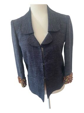 Luca Luca Beaded Cuff Textured Hook Front Jacket Blue Artisan Blazer EUC
